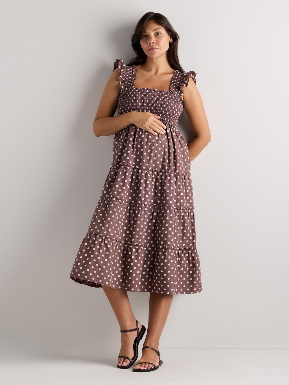 Quince 100% Organic Cotton Poplin Maternity Smocked Midi Dress Mocha Midi Dot M